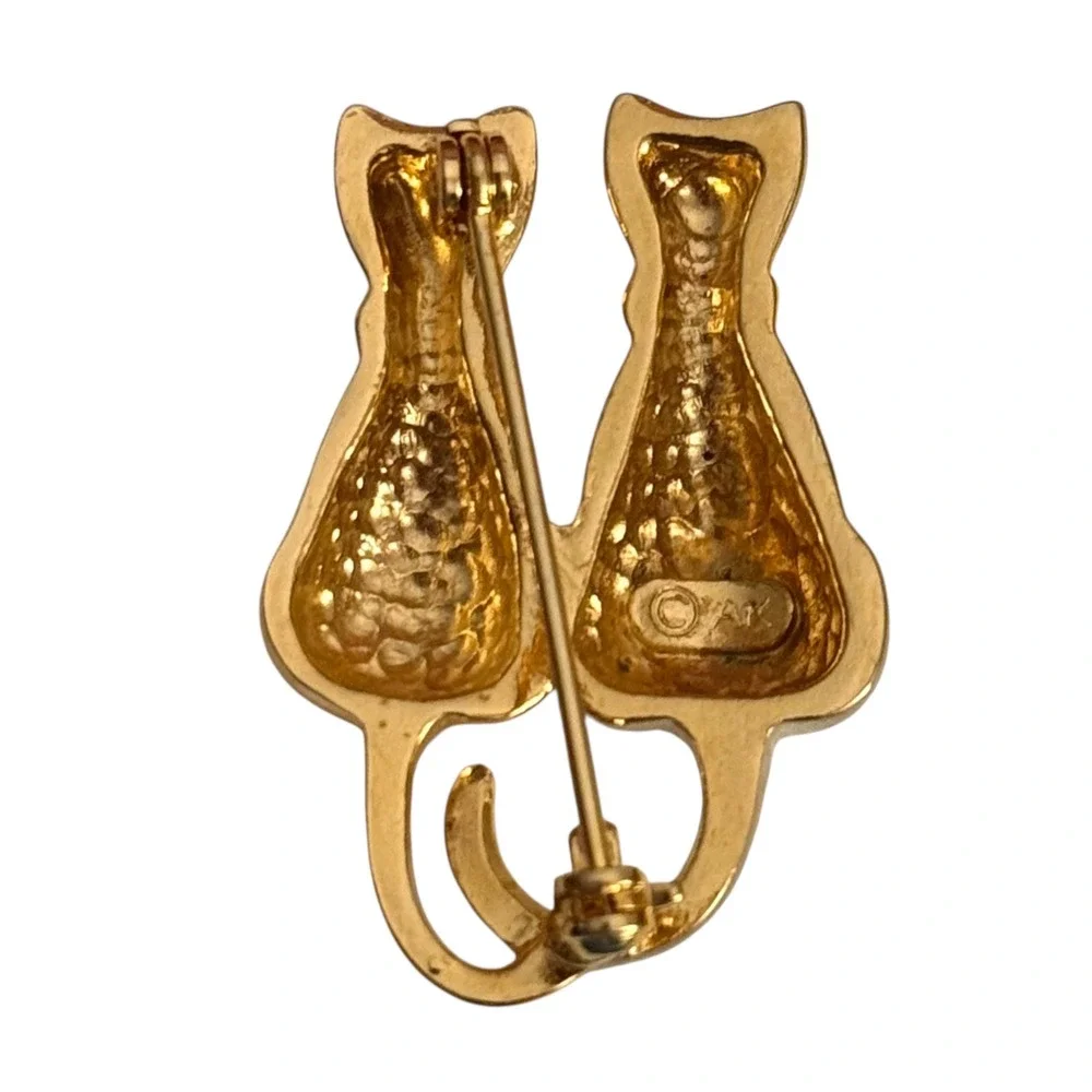 Anne Klein AK Two-Tone Cat Brooch Gold & Silver Tone‎ Rhinestone Collar Signed